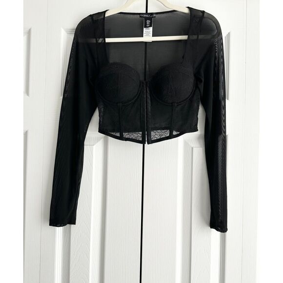 Sincerely Jules Junior's Lace Corset Top Size M Black Long Sheer Sleeves - Picture 1 of 10